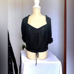 EUC Free People Dorothy Blouse Sz Large Striped Peasant Top Black Drawstring​